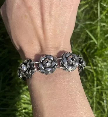 Vintage Mexico Sterling Silver Rose Panel Bracelet - GORGEOUS! #110 • $71.99