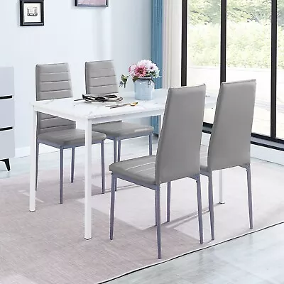 Set Of 4pcs Gray Faux Leather Dining Chairs & White Marble MDF Top Dining Table • $219.99
