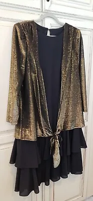 Vtg T&F Shimmer Balck & Gold Ruffled Dress Sz 16 Faux Jacket Dress • $14.99