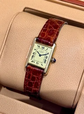 Cartier Must Vintage Ivory Roman Dial 20x27mm Yellow Gold Tone On Leather Strap • $5995