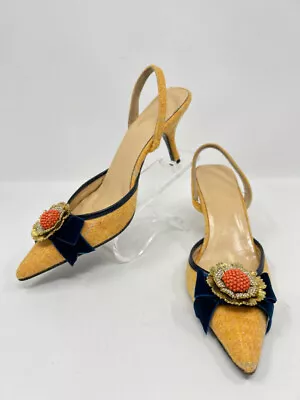 J CREW Women Size 6 Yellow Limited Edition Tweed Jeweled Slingback Pumps • $68.99