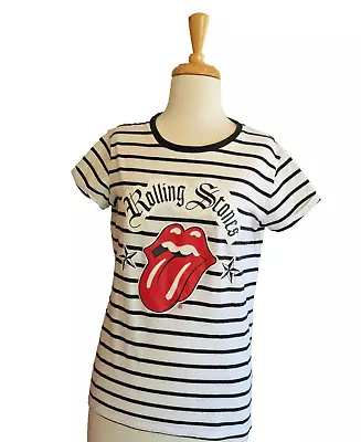 The Rolling Stones Lips & Tongue Logo Stripe T Shirt White Size 8  • $25.25