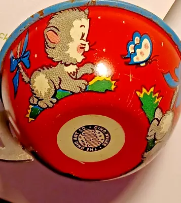 Vintage Ohio Art Co Toy Tin Teacup Red Kittens Butterflys Blue Inside • $14