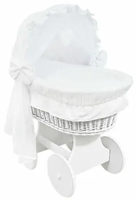 £189.99 • Buy White Wicker Wheels Crib/baby Moses Basket + Complete Bedding White/cotton