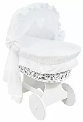 £189.99 • Buy White Wicker Wheels Crib/baby Moses Basket + Complete Bedding White/cotton