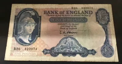 Banknote Of England Five Pounds. LK. O’Brien. Lion And Key. B26. Circulated Cond • £9