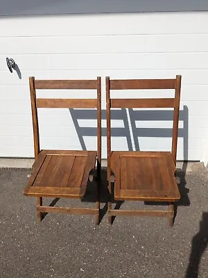 Vintage Set Of 2 Wooden Folding Chairs Slatted Seat Rustic (Z4) • $130