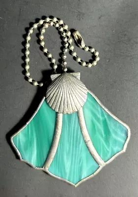 Vtg Green Teal Slag Stained Glass Seashell Art Deco Light Ceiling Fan Chain Pull • $16.99