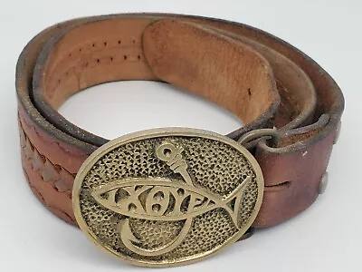 Vintage Men's Leather Belt 38  With Ichthus IXOYE Fish Brass Buckle • $16.50