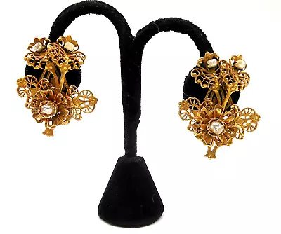 Vintage Haskell Gold Gilt Filigree Baroque Pearl Floral Climber Earrings-Signed • $97