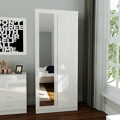 High Gloss 2 Doors Mirror Wardrobe White Bedroom Furniture Storage Hanging Rail • £136.98