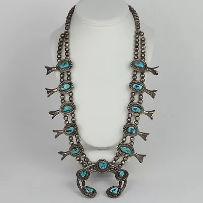 Large Vintage Native Sterling Silver Turquoise Squash Blossom Necklace 26  • $499