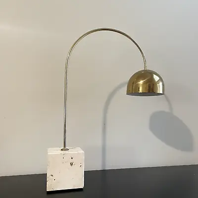 Vintage Mid Century Table Top Arc Lamp Brass And Travertine Harvey Guzzini Style • $395