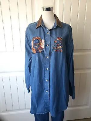 VTG Victoria Jones Flowers Embroidery Denim Shirt Plus Size 20W Button Cottage • $15.88