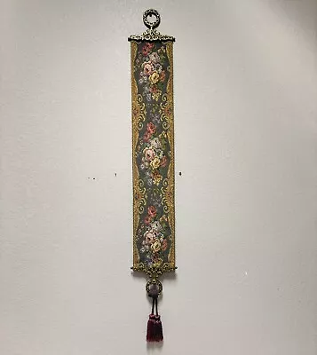 Vintage Bell Pull Wall Hanging 40  Floral Tapestry Needlepoint Brass Hardware • $30