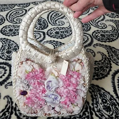 Vintage Plastic Weave Handbag Purse With Faux Flowers Still Has Tag • $35