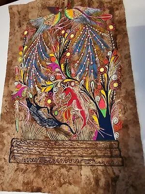 Vintage Retro 60’s 70’s Lrg Mexican Folk Art Painting Ornate Tree Bark Parchment • $46.90