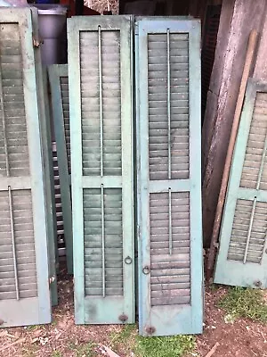 Vtg  1 Pair  Old  Wooden Door Shutters Architectural Green Louvered 59In X 24in • $135