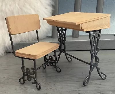 Vintage Writing Desk & Chair SET School Dolls Bears Furniture Wood Metal Display • $11.44