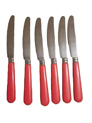 Vintage Set 6 Knife Abert Inox Silver Stainless Steel Red Dinner From Italy • $45