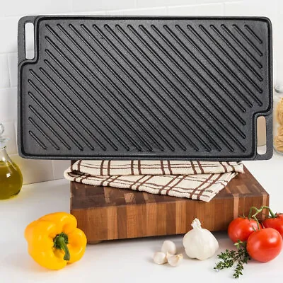 £28.55 • Buy Reversible Grill Plate Cast Iron Flat Skillet Griddle BBQ Pan Gas Stove Top Use