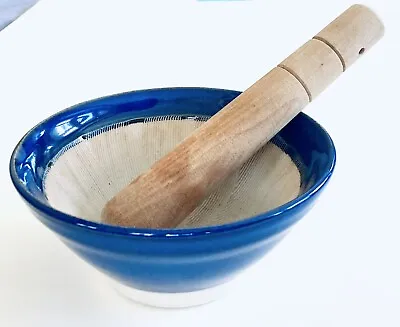 Japanese 6 D Ceramic Blue Suribachi Mortar Bowl W/ Wooden Pestle MADE IN JAPAN • $19