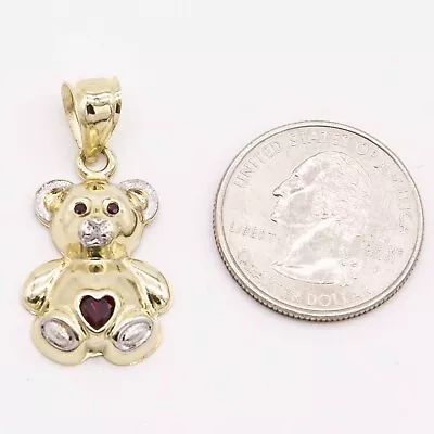 Teddy Bear With Heart CZ Stone Pendant Real 10K Yellow White Gold • $129.24