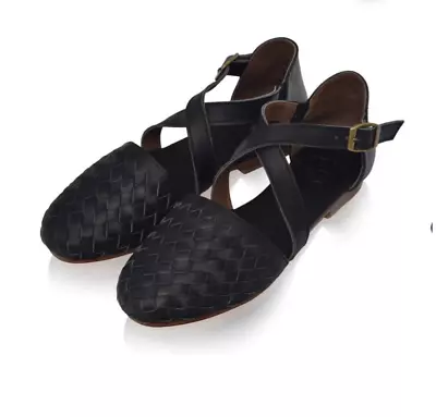 Elf Riviera Hand-Made Woven Leather Flats Black Women’s Boho Retro Shoes Size 7 • $120