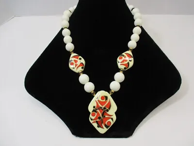 Vtg NECKLACE 1980s Red Black Ceramic Pendant STATEMENT Chunky White Plastic • $5.18