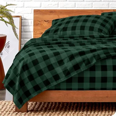 100% Cotton Flannel Sheet Sets - Buffalo Plaid - Forest Green/Black (SOLD AS IS) • $23.99