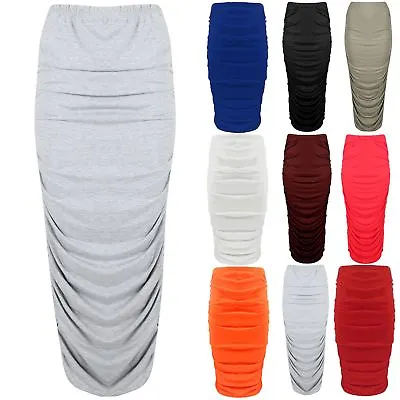 Womens Ladies Stretchy Gathered Front Ruched Pencil Fit Bodycon Long Maxi Skirt • £4.99