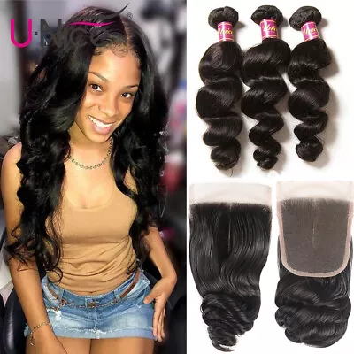 UNice Hair Mongolian Loose Wave Human Hair Extension 3 Bundles With Lace Closure • $100.89