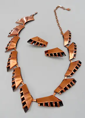 Modernist Copper Art Jewelry Set Geometric Triangle Necklace Clip Earrings MCM • $135