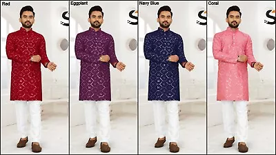 Men Full Stitched Indian Wedding Silk Heavy Embroidery Work Kurta Pajama 16-SS19 • £31.99