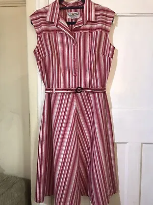 Horrockses Dress Vintage 1960s Pink Stripe Belted Knee Length Sleeveless UK 12 • £64.99