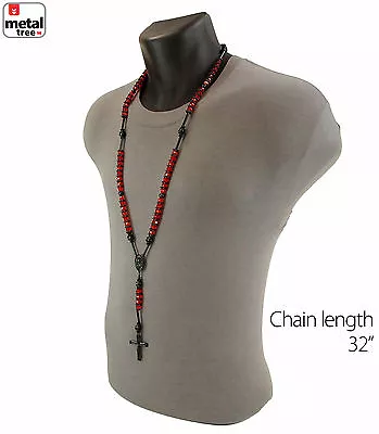 Men's Hip Hop 8mm RED Bead Black Rosary Pray Hand & Jesus Cross Necklace BKRD • $9.99