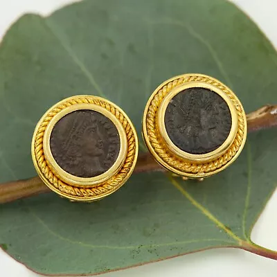 Preowned Elizabeth Locke 18K Yellow Gold Ancient Coin Omega Back Earrings(19851) • $2680