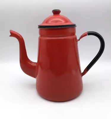 Red Enamel Teapot 9  Metal Enamelware Farmhouse Country Vintage Japan • $49