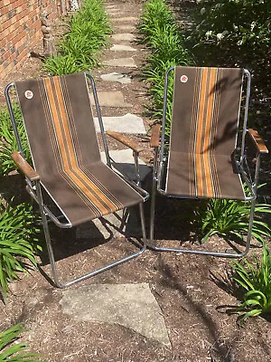 Vintage Pair Zip Dee AIRSTREAM RV Folding Chairs Wood Arms Camping  Brown Stripe • $199