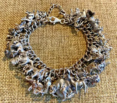 Vintage Loaded Sterling Silver Animal Theme Charm Bracelet 36 Charms 7  (110.0g) • $299.99