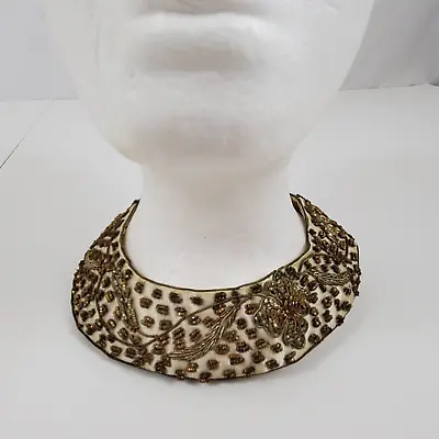 Vintage Detachable Hand Beaded India Collar Necklace Satin Gold Tone Metallic • $24.99