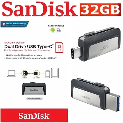 Type C USB SanDisk 32GB OTG Dual USB 3.1 Flash Drive Stick PC Thumb Mac Samsung • $16.50