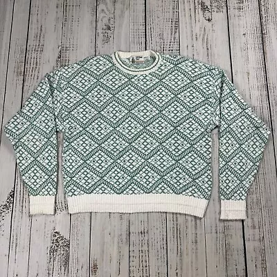 Vtg London Fog Funky Geometric Seafoam Green White Crewneck Sweater Cotton L Usa • $39.99