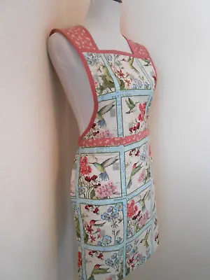 Apron Women's Light Blue And Cream Hummingbird Print Pink Trim Pocket And Ties • £21.85