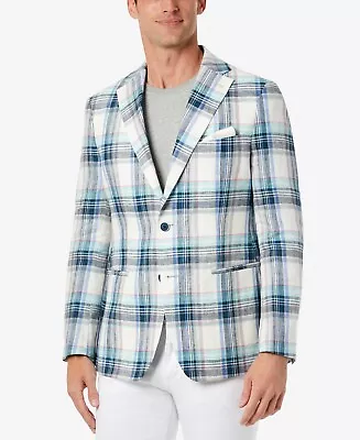 Tallia Men's Slim Fit Multicolor Plaid Blazer Blue Size 44 • $48.47