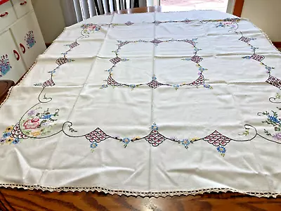 Vintage Tablecloth White Embroidered And Crocheted 50 X 42 Inches • $24.99