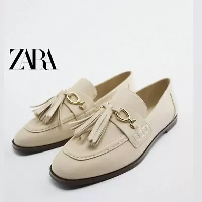 Zara Women's  Ecru Cream  2557/910 Flat Mocassin Loafers With Tassels 38 7.5 • $34.99
