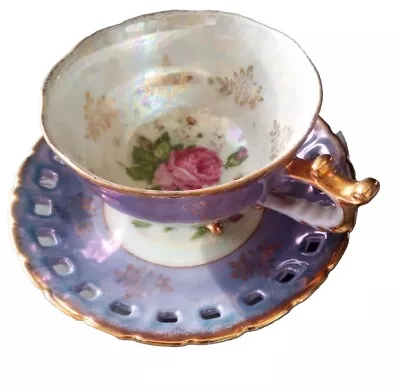 3-Footed Teacup & Reticulated Saucer Royal Sealy Purple Pink Roses Gold Trim VTG • $21