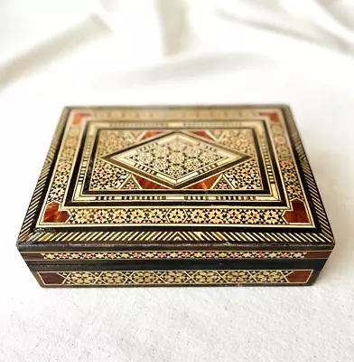 Vintage Wood Box Bone And Wood Inlay Design Lined Ornate Bohemian Jewelry Box • $40