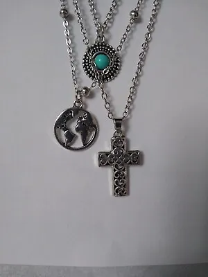 Vtg.map Cross Faux Turquoise Multi Layer Necklace*silver Tone*36 Long* # 476 • $5